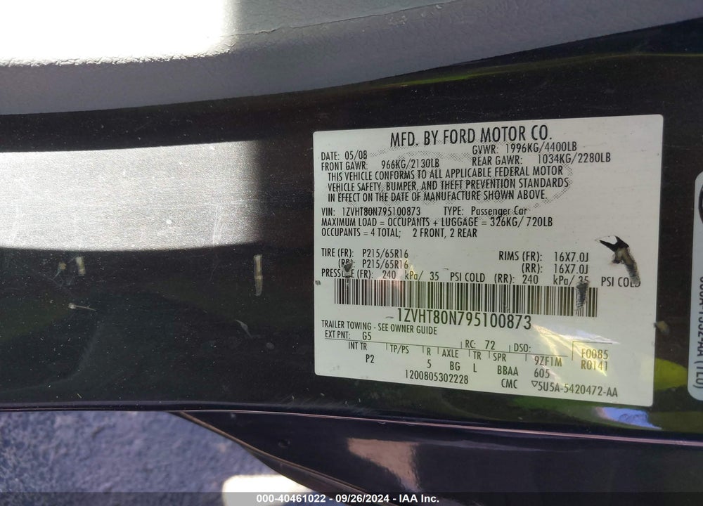 2009 FORD MUSTANG V6/V6 PREMIUM VIN: 1ZVHT80N795100873