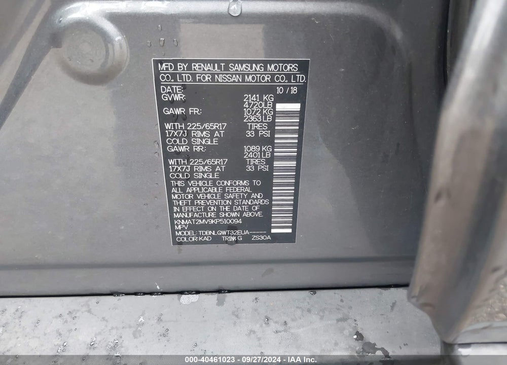 2019 NISSAN ROGUE SV VIN: KNMAT2MV9KP510094