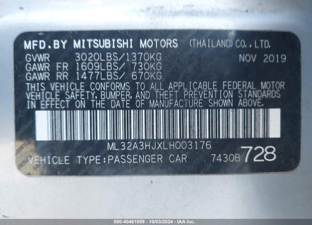 2020 MITSUBISHI MIRAGE SE VIN: ML32A3HJXLH003176