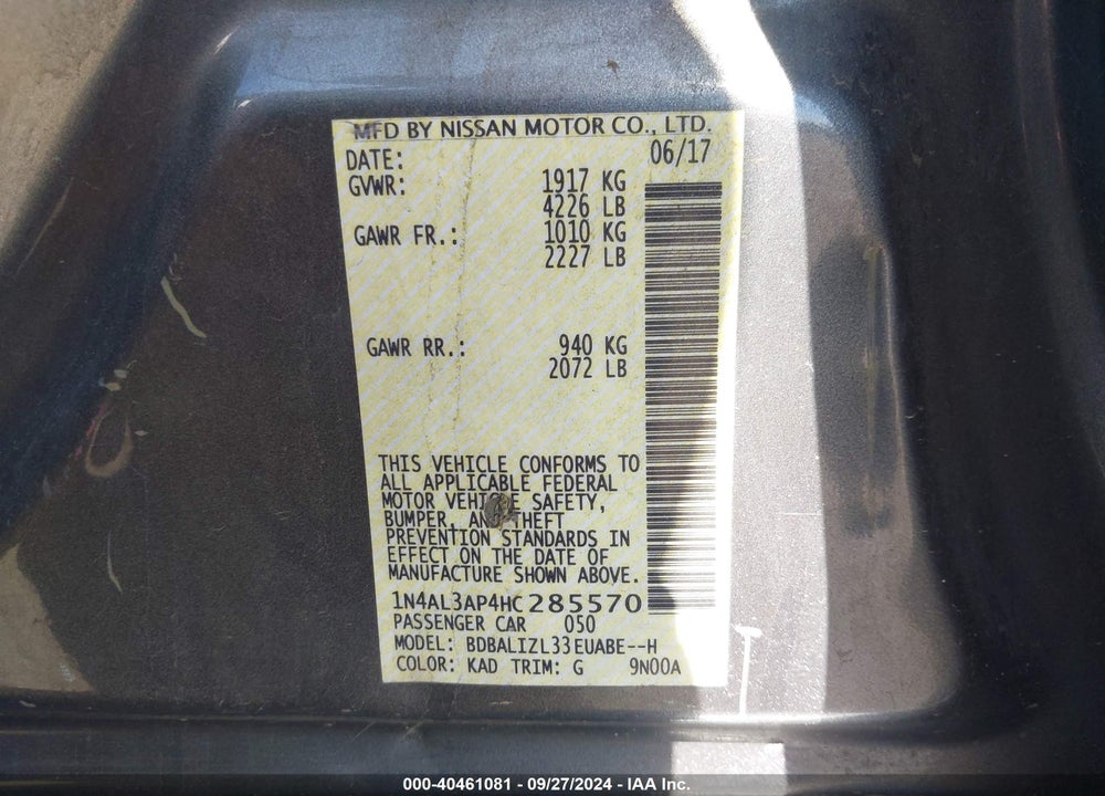 2017 NISSAN ALTIMA 2.5 SV VIN: 1N4AL3AP4HC285570