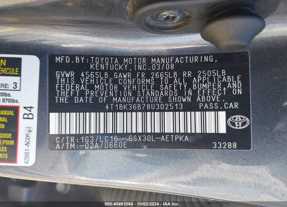 2008 TOYOTA AVALON LIMITED VIN: 4T1BK36B78U302513