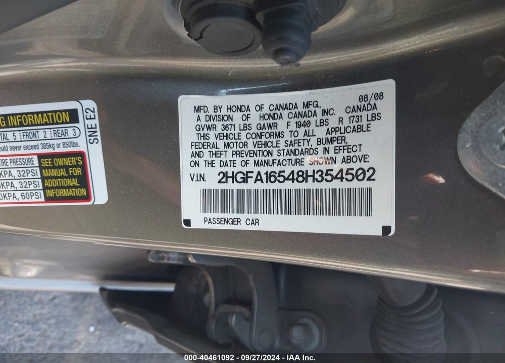 2008 HONDA CIVIC LX VIN: 2HGFA16548H354502