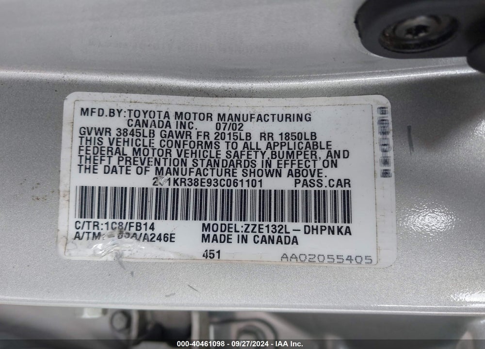 2003 TOYOTA MATRIX/XR VIN: 2T1KR38E93C061101
