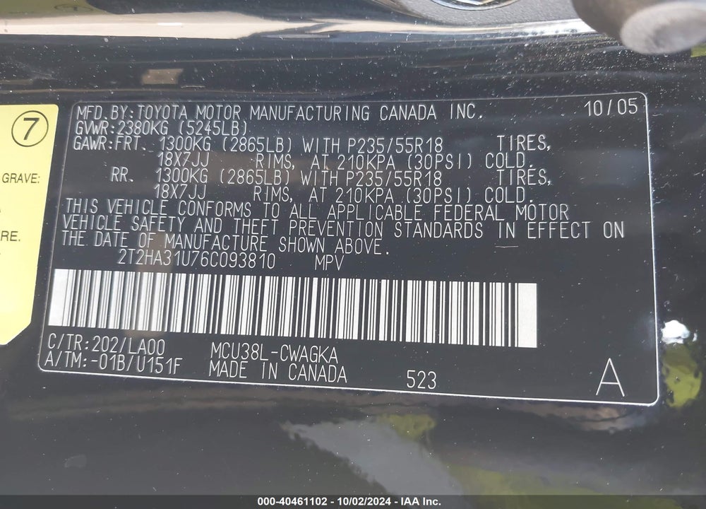 2006 LEXUS RX 330 VIN: 2T2HA31U76C093810