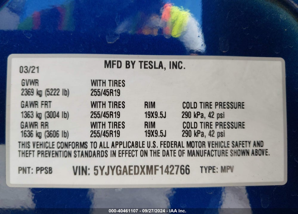 2021 TESLA MODEL Y PERFORMANCE DUAL MOTOR ALL-WHEEL DRIVE/STANDARD RANGE REAR-WHEEL DRIVE VIN: 5YJYGAEDXMF142766