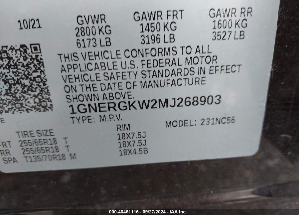 2021 CHEVROLET TRAVERSE FWD LT CLOTH VIN: 1GNERGKW2MJ268903
