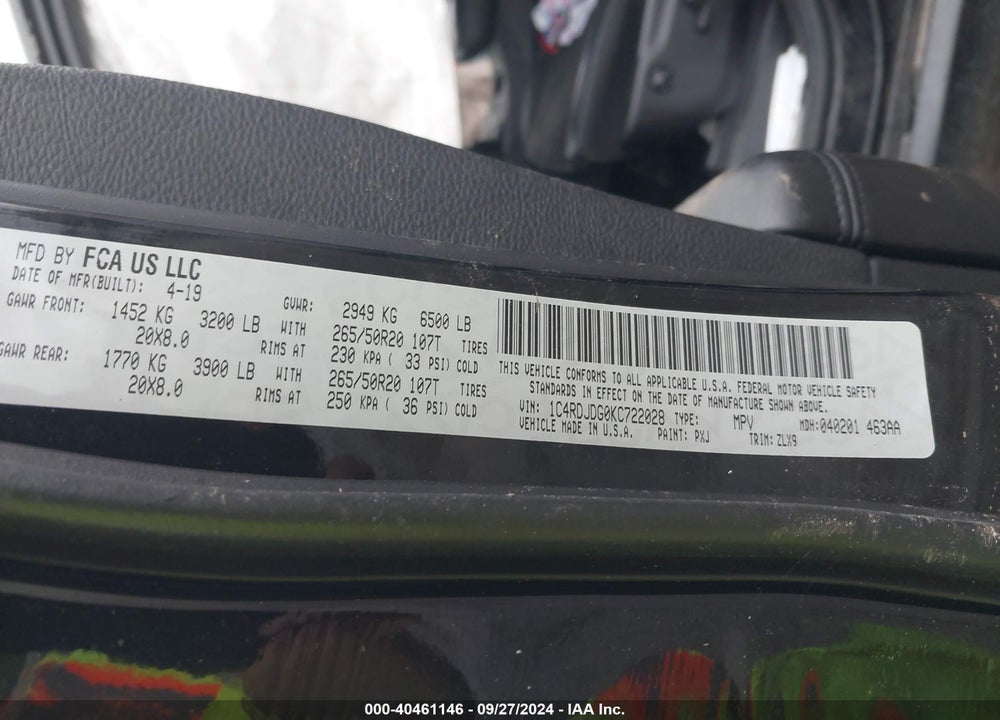 2019 DODGE DURANGO GT PLUS AWD VIN: 1C4RDJDG0KC722028