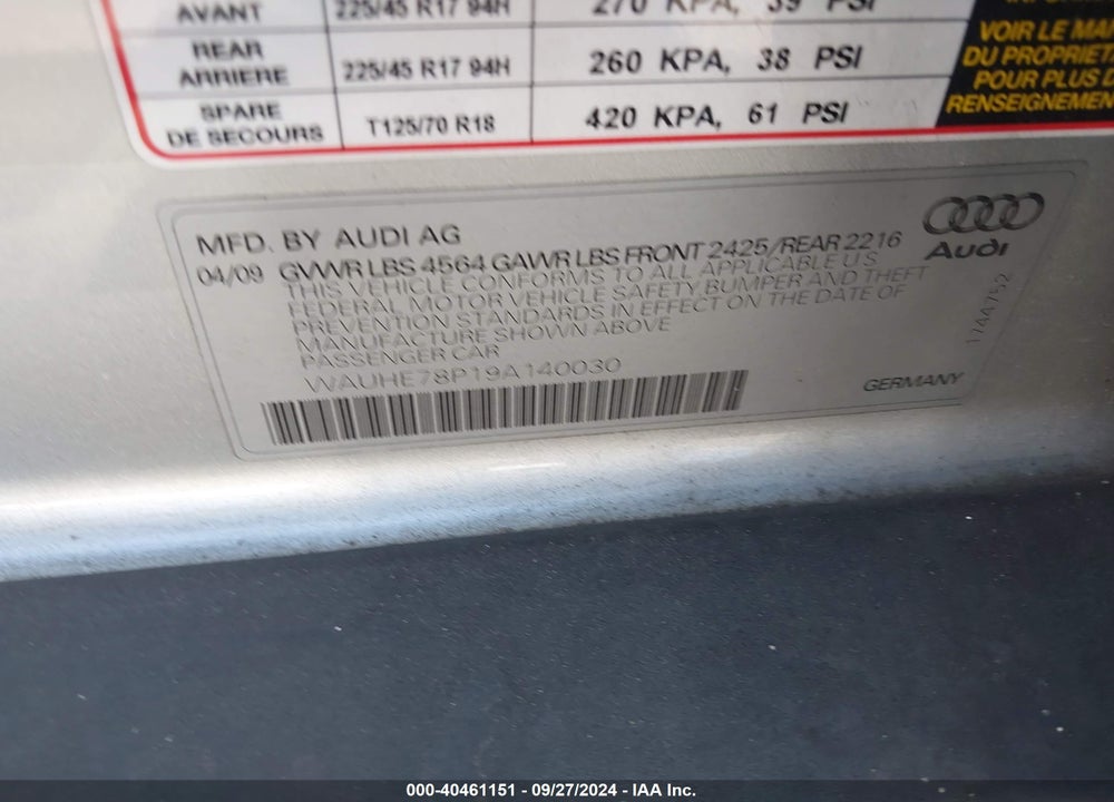 2009 AUDI A3 2.0T VIN: WAUHE78P19A140030