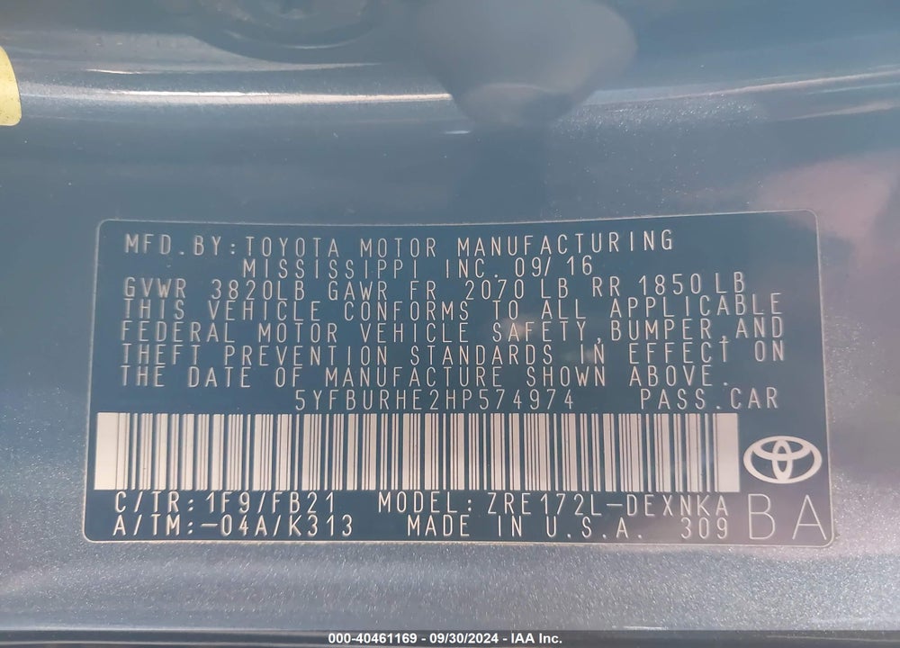 2017 TOYOTA COROLLA L/LE/SE/SE SPECIAL EDITION/XLE/XSE VIN: 5YFBURHE2HP574974