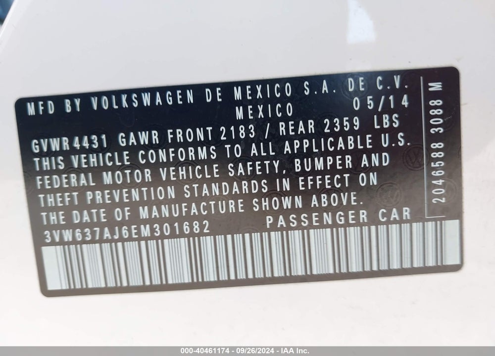 2014 VOLKSWAGEN JETTA HYBRID SEL VIN: 3VW637AJ6EM301682