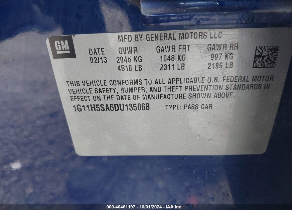 2013 CHEVROLET MALIBU 1LZ VIN: 1G11H5SA6DU135068