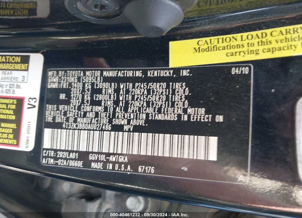 2010 TOYOTA VENZA BASE V6 VIN: 4T3ZK3BB0AU027486