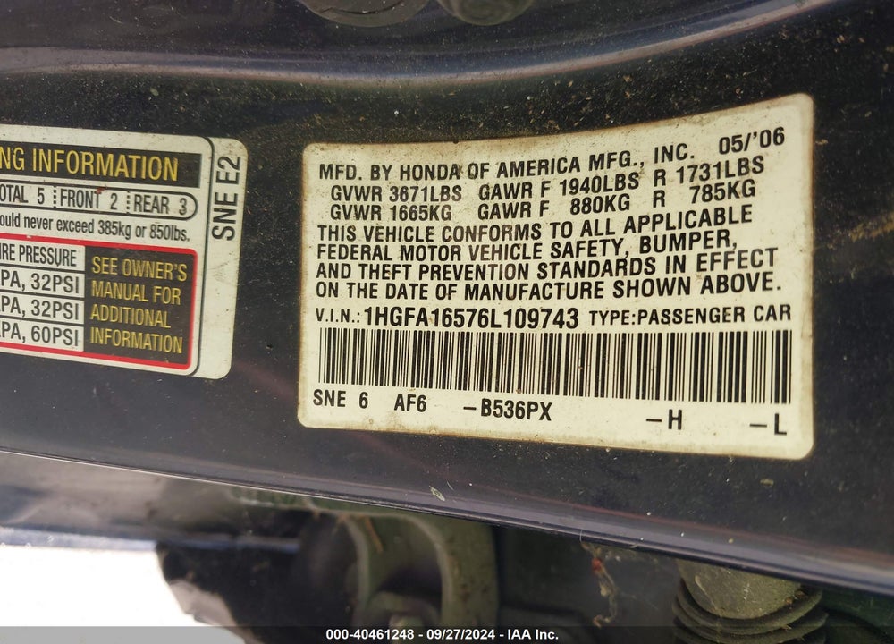 2006 HONDA CIVIC LX VIN: 1HGFA16576L109743