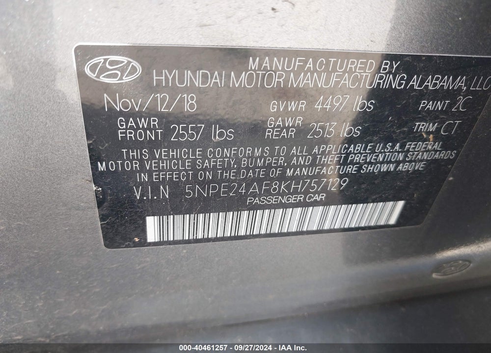 2019 HYUNDAI SONATA SE VIN: 5NPE24AF8KH757129