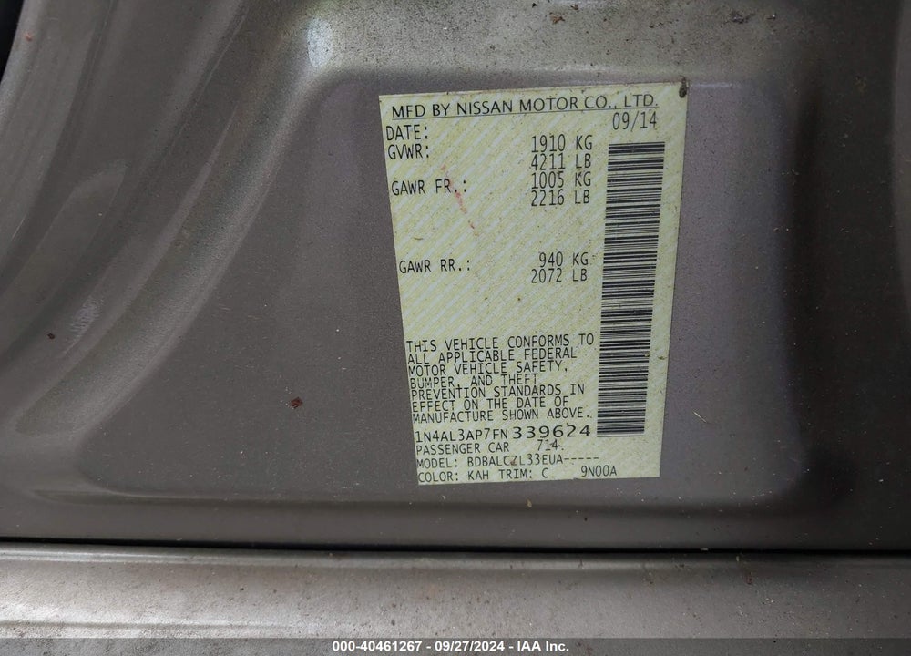 2015 NISSAN ALTIMA 2.5 S VIN: 1N4AL3AP7FN339624