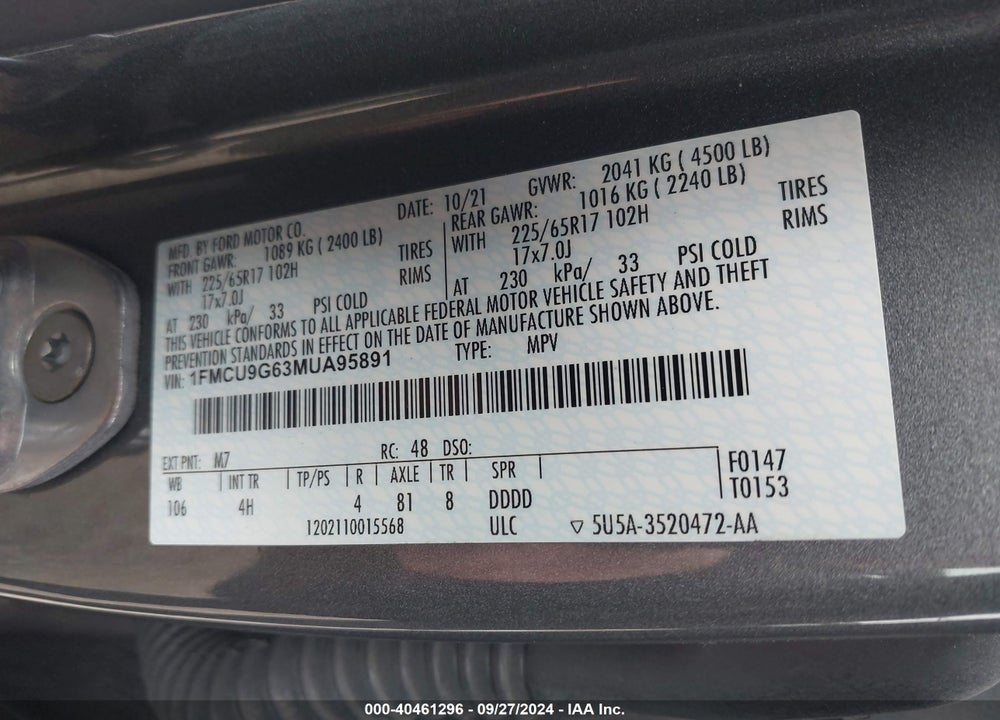 2021 FORD ESCAPE SE VIN: 1FMCU9G63MUA95891