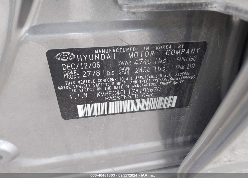 2007 HYUNDAI AZERA LIMITED/SE VIN: KMHFC46F17A186670