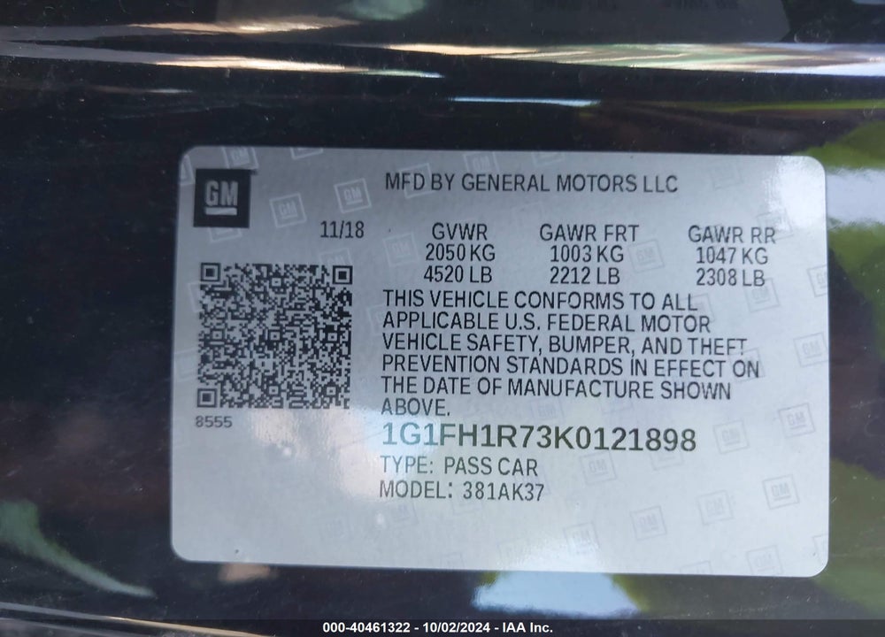 2019 CHEVROLET CAMARO 2SS VIN: 1G1FH1R73K0121898