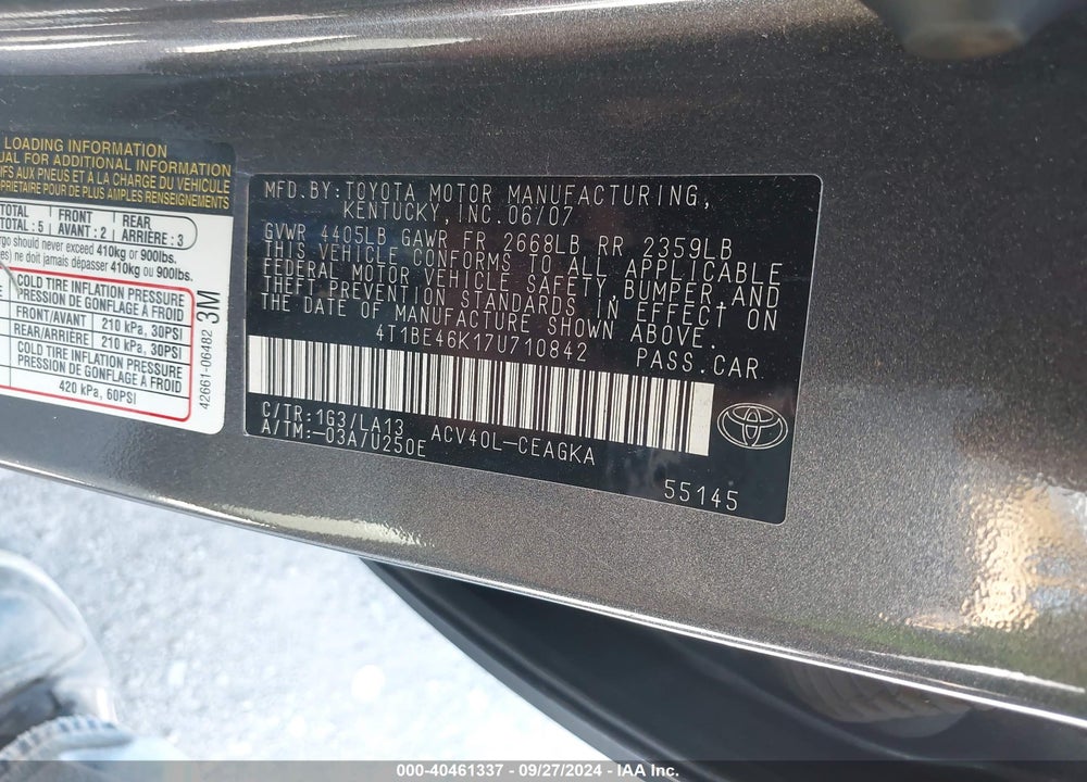 2007 TOYOTA CAMRY XLE VIN: 4T1BE46K17U710842