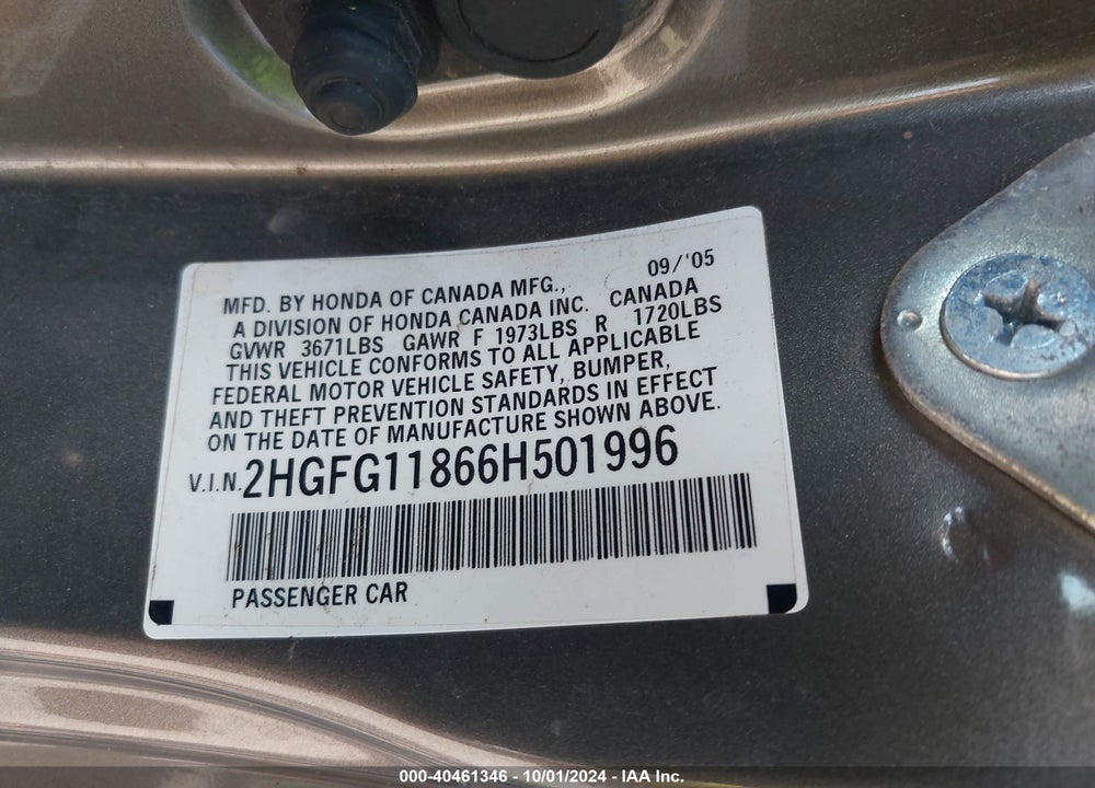 2006 HONDA CIVIC VIN: 2HGFG11866H501996