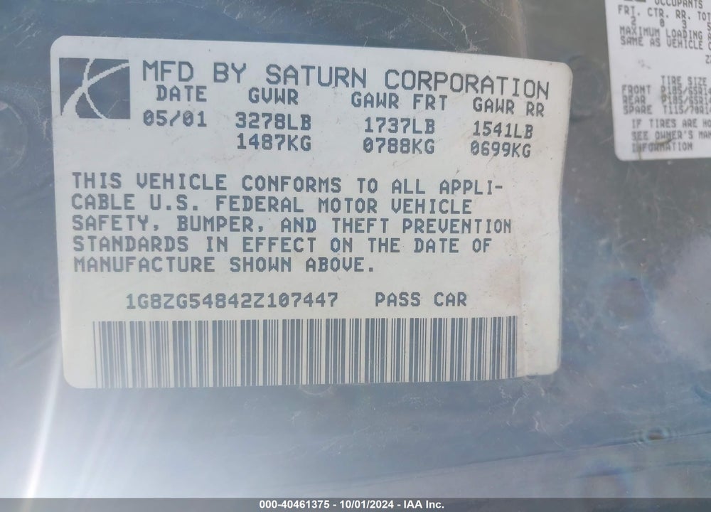 2002 SATURN S-SERIES SL1 VIN: 1G8ZG54842Z107447