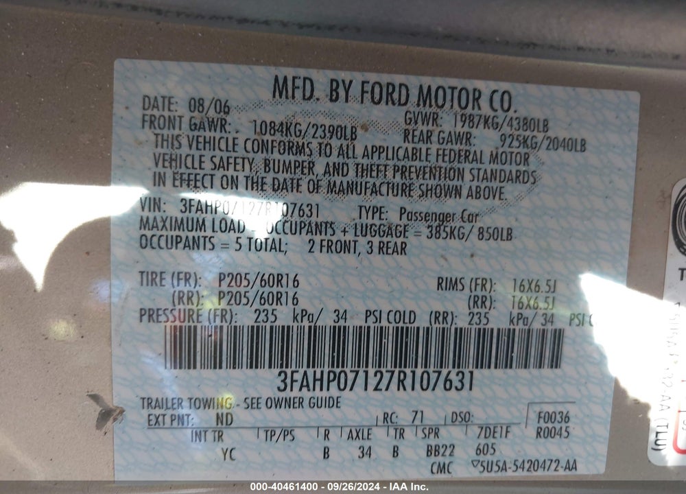 2007 FORD FUSION SE VIN: 3FAHP07127R107631
