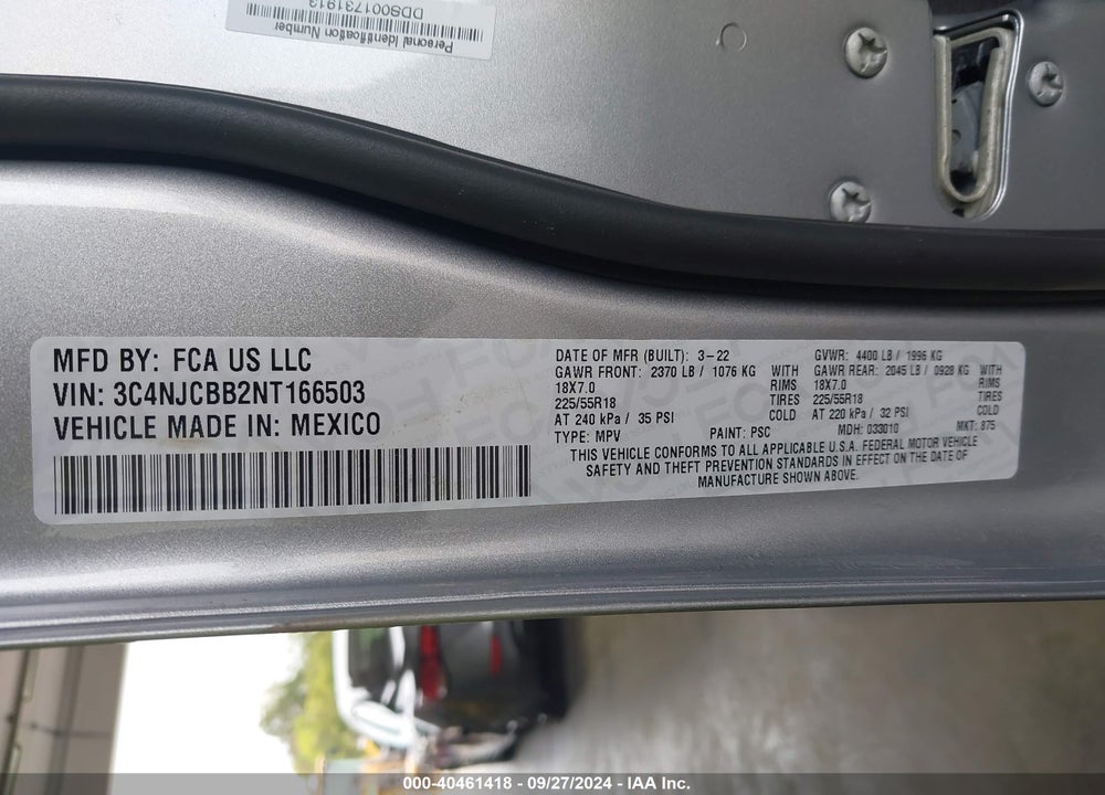 2022 JEEP COMPASS ALTITUDE FWD VIN: 3C4NJCBB2NT166503