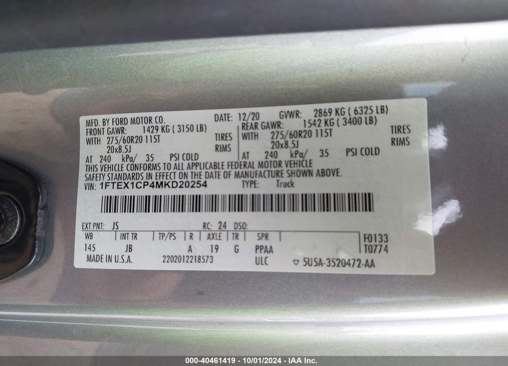 2021 FORD F-150 XL VIN: 1FTEX1CP4MKD20254