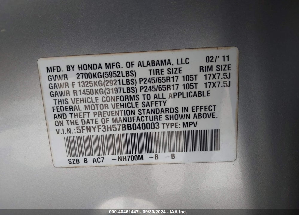 2011 HONDA PILOT EX-L VIN: 5FNYF3H57BB040003