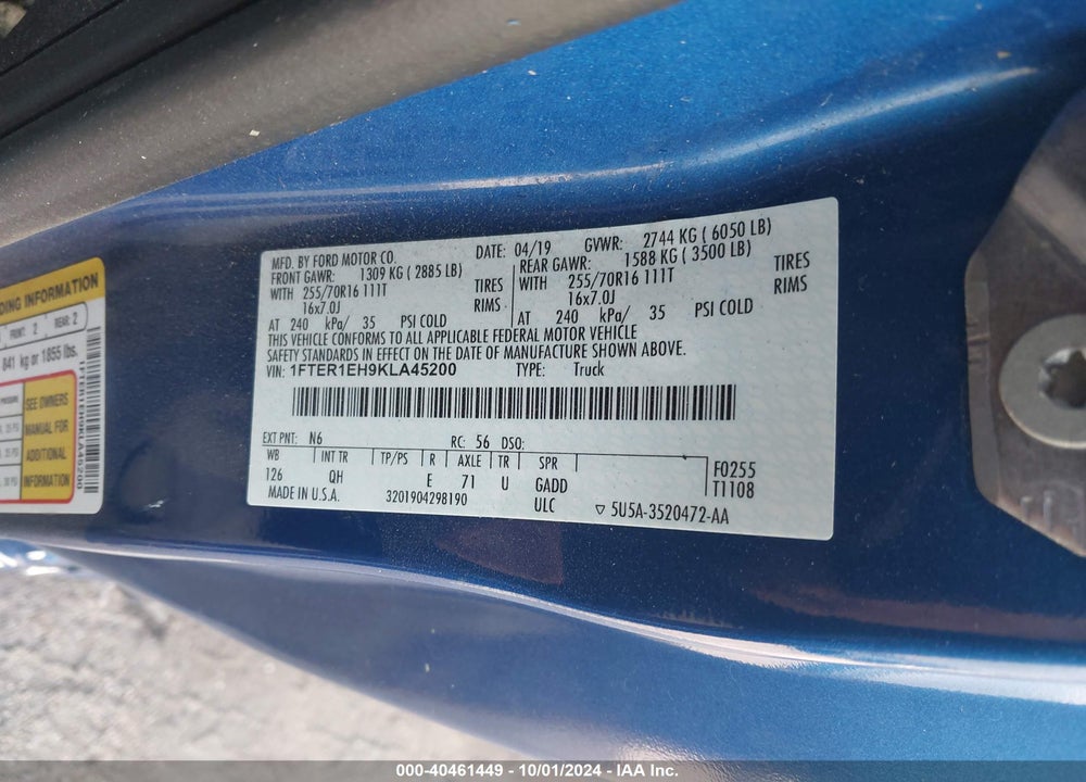 2019 FORD RANGER XL VIN: 1FTER1EH9KLA45200