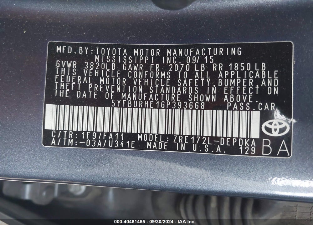 2016 TOYOTA COROLLA L VIN: 5YFBURHE1GP393668