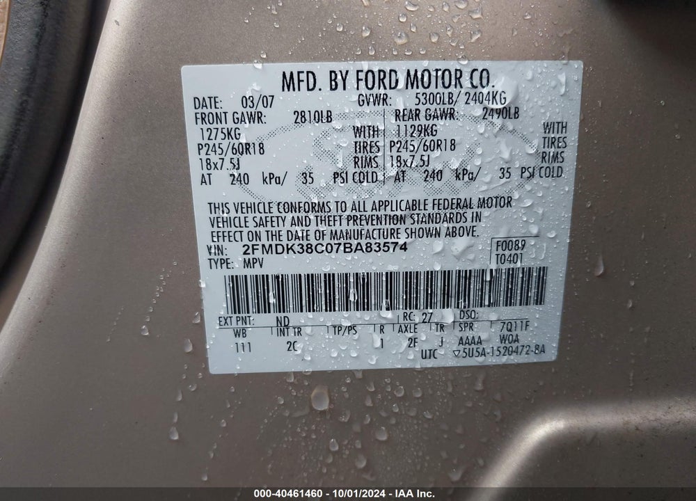 2007 FORD EDGE SEL VIN: 2FMDK38C07BA83574
