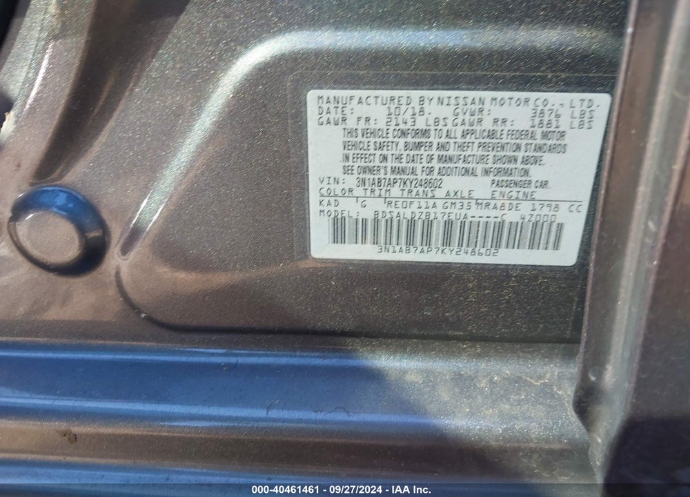 2019 NISSAN SENTRA SV VIN: 3N1AB7AP7KY248602