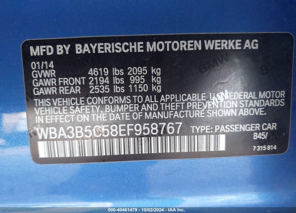2014 BMW 328I XDRIVE VIN: WBA3B5C58EF958767