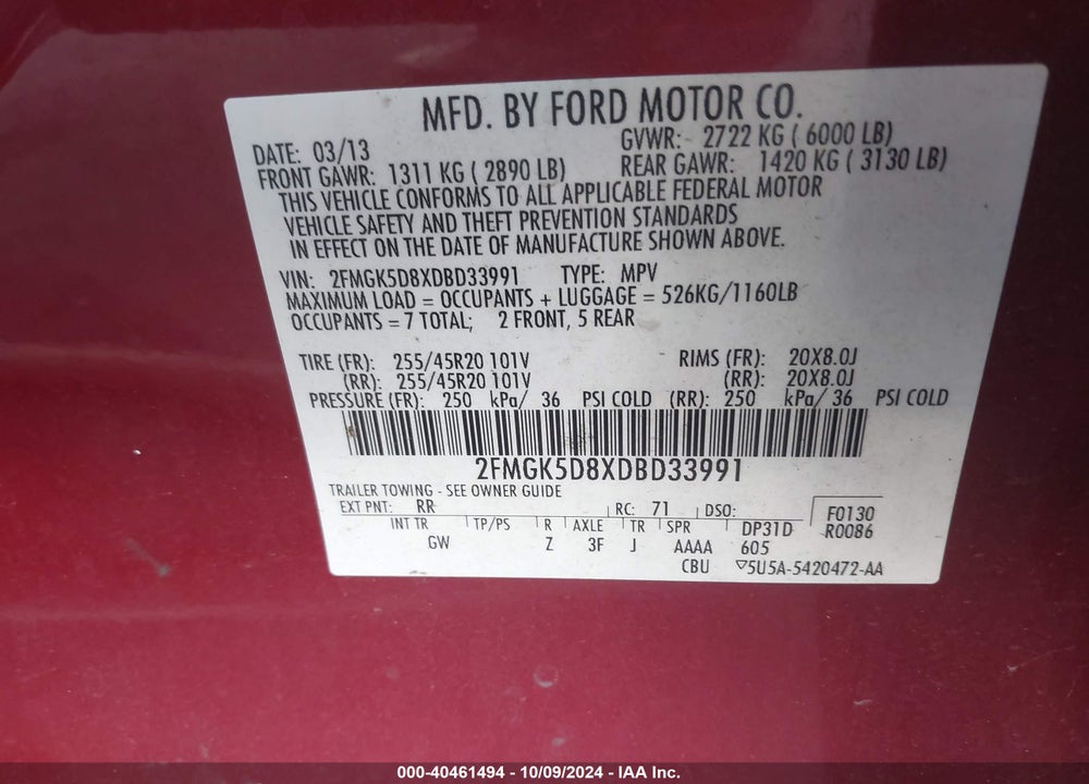 2013 FORD FLEX LIMITED VIN: 2FMGK5D8XDBD33991