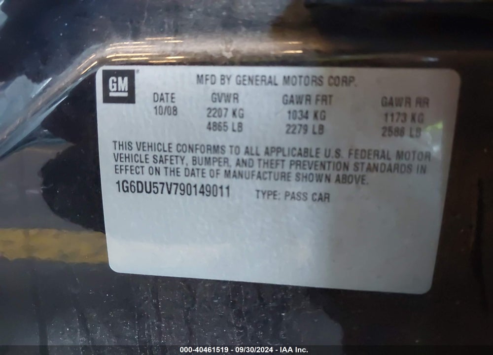 2009 CADILLAC CTS STANDARD VIN: 1G6DU57V790149011