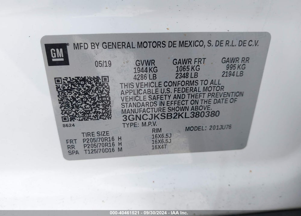 2019 CHEVROLET TRAX LS VIN: 3GNCJKSB2KL380380