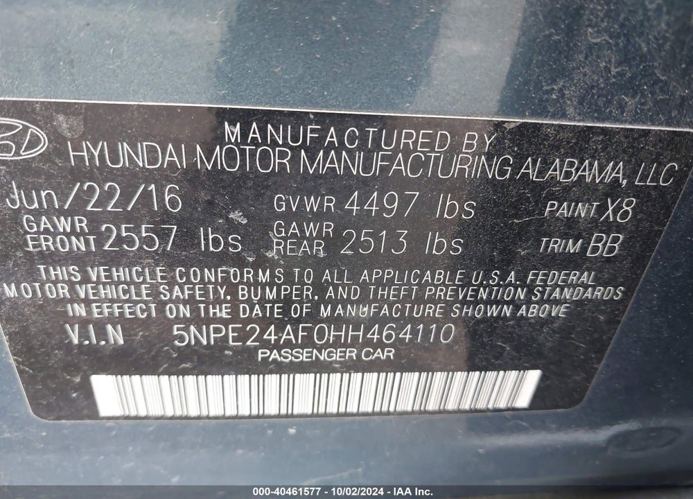 2017 HYUNDAI SONATA SE VIN: 5NPE24AF0HH464110