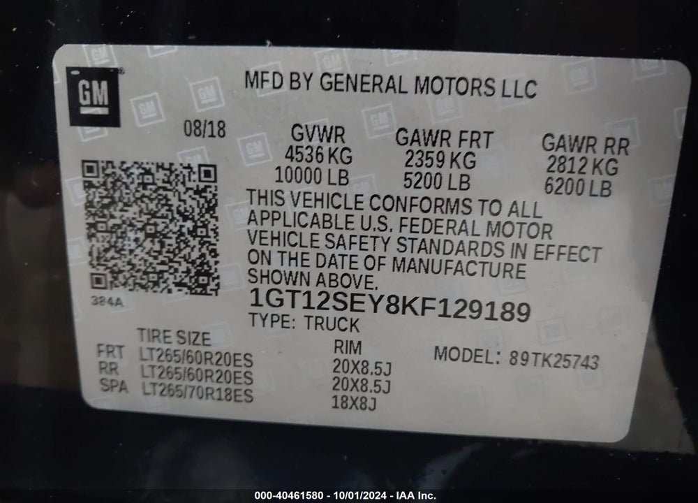 2019 GMC SIERRA 2500HD DENALI VIN: 1GT12SEY8KF129189