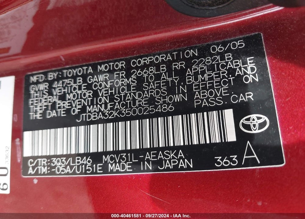 2005 TOYOTA CAMRY SE V6 VIN: JTDBA32K350025486