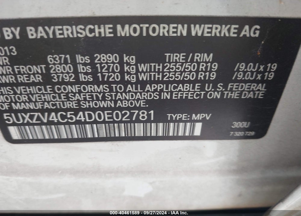2013 BMW X5 XDRIVE35I/XDRIVE35I PREMIUM/XDRIVE35I SPORT ACTIVITY VIN: 5UXZV4C54D0E02781