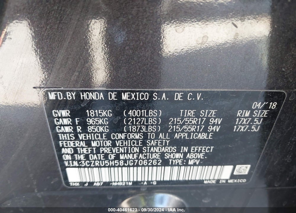 2018 HONDA HR-V EX VIN: 3CZRU5H58JG706262