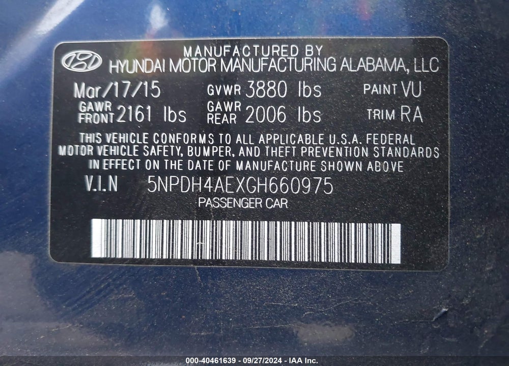 2016 HYUNDAI ELANTRA SE VIN: 5NPDH4AEXGH660975