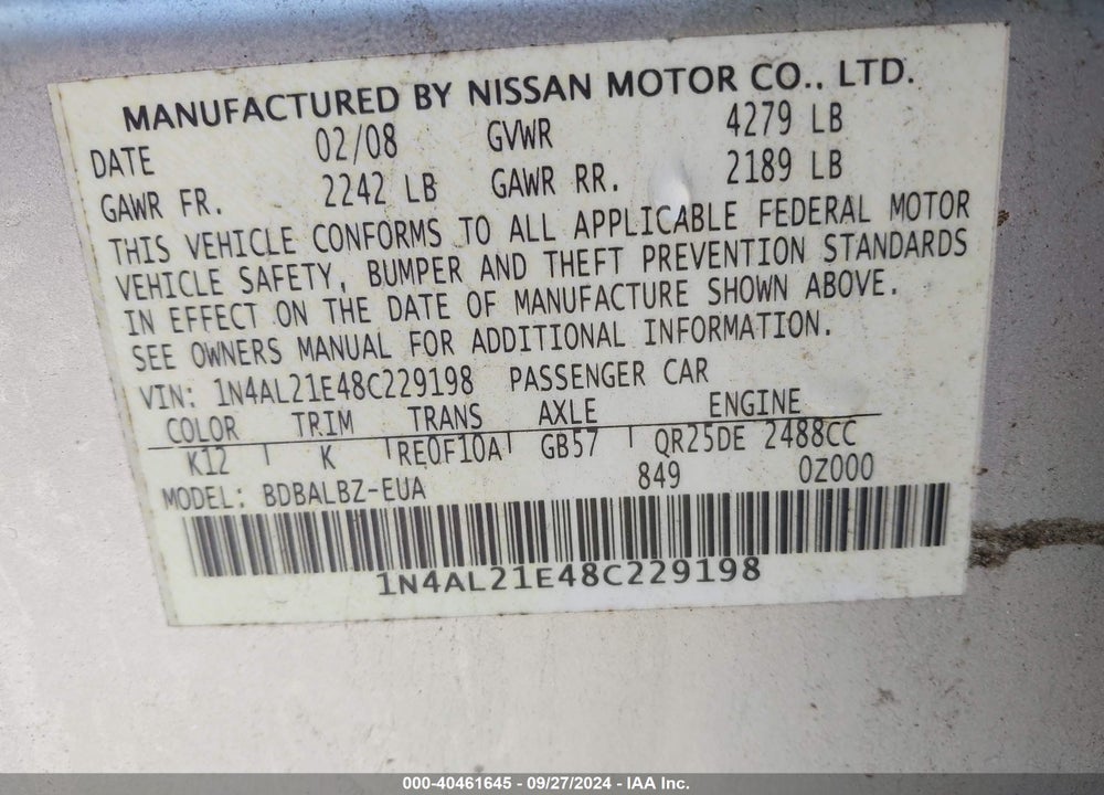 2008 NISSAN ALTIMA 2.5 S VIN: 1N4AL21E48C229198