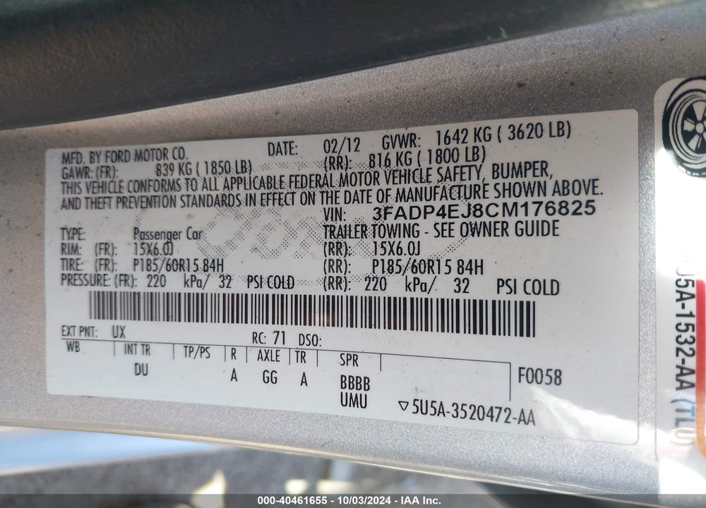 2012 FORD FIESTA SE VIN: 3FADP4EJ8CM176825