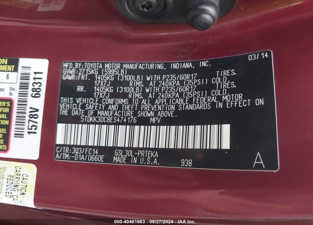 2014 TOYOTA SIENNA LE V6 8 PASSENGER VIN: 5TDKK3DC8ES474176