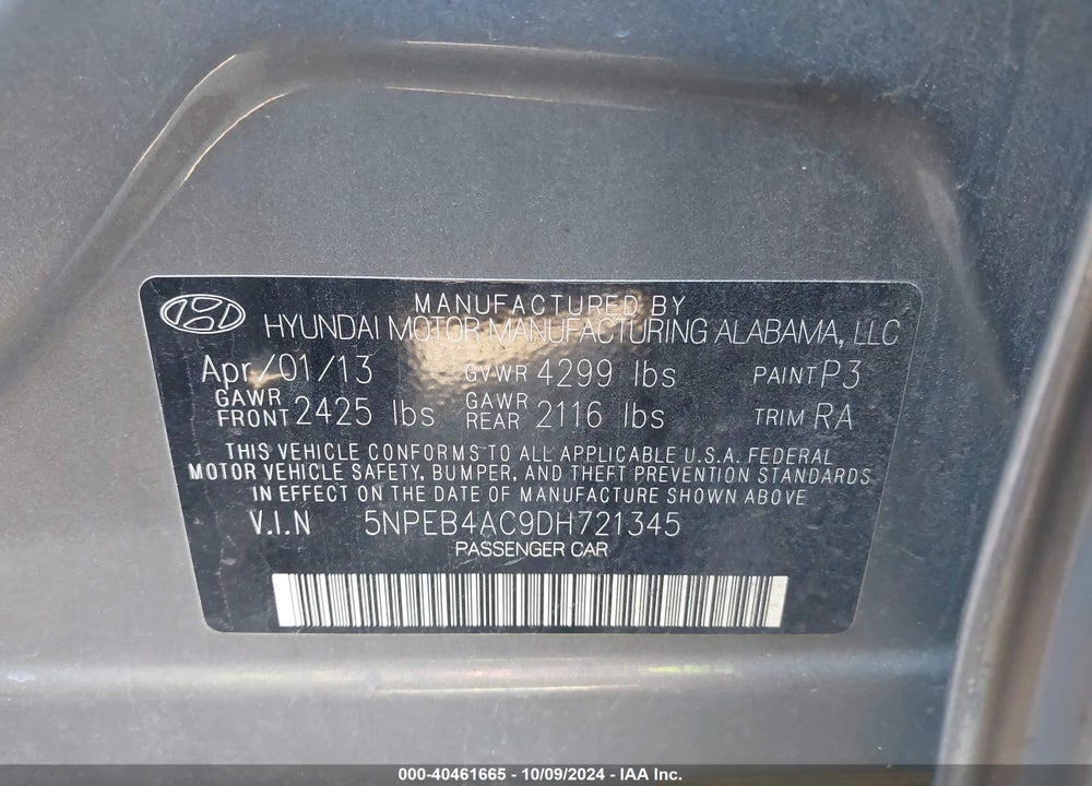 2013 HYUNDAI SONATA GLS VIN: 5NPEB4AC9DH721345