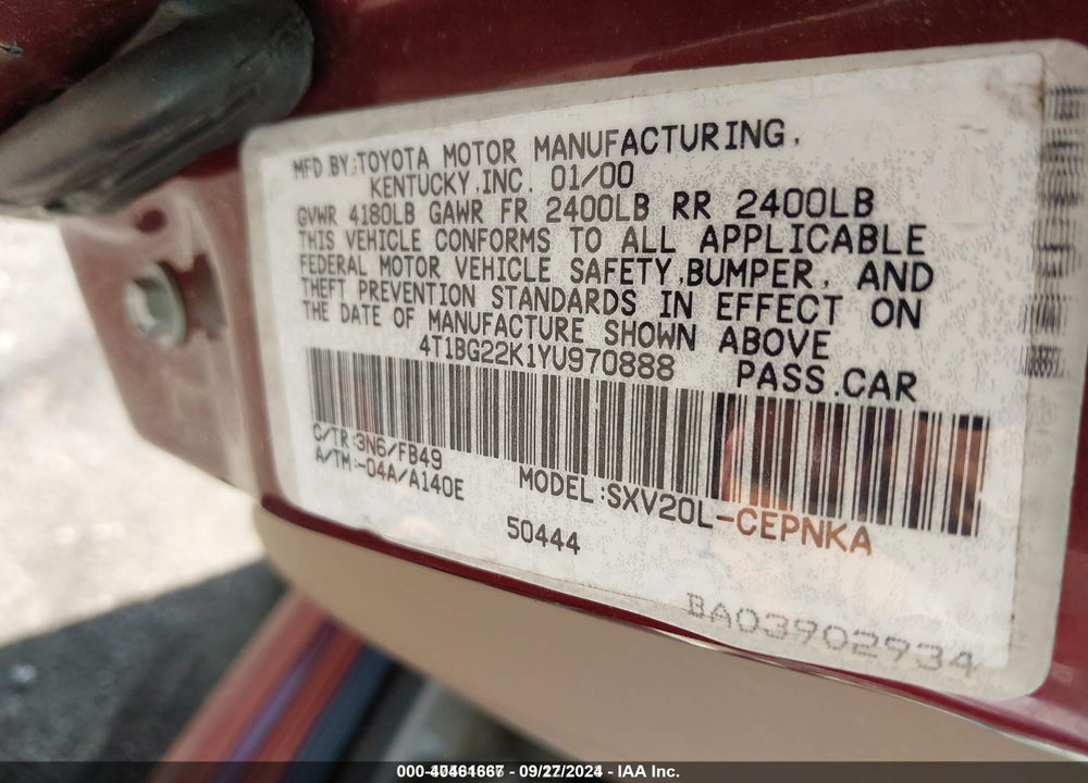 2000 TOYOTA CAMRY LE VIN: 4T1BG22K1YU970888