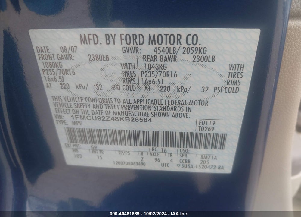 2008 FORD ESCAPE XLS VIN: 1FMCU92Z48KB26584