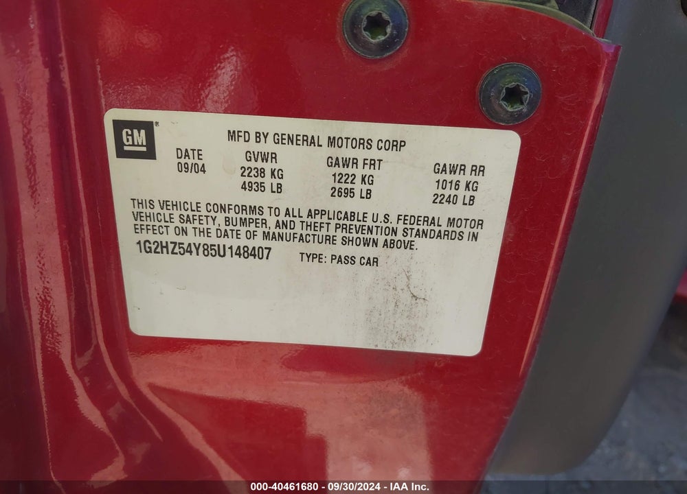 2005 PONTIAC BONNEVILLE GXP VIN: 1G2HZ54Y85U148407